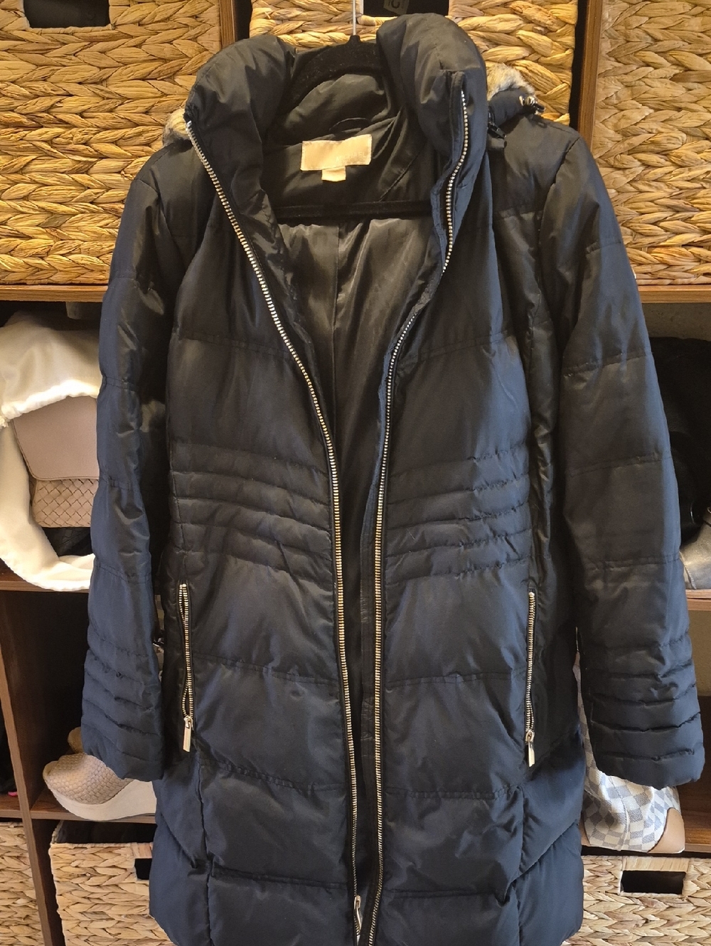 Michael Kors Black Quilted Long Puffer Coat with Hood